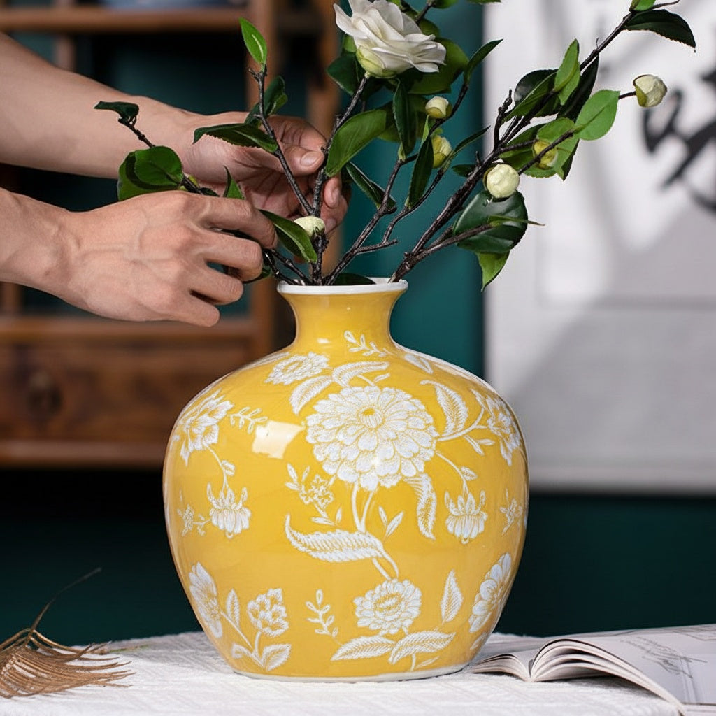 Yellow Floral Ceramic Round Vase