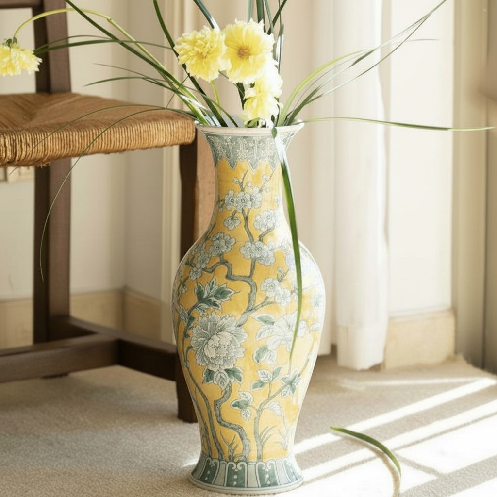 Yellow Floral Porcelain Tall Vase