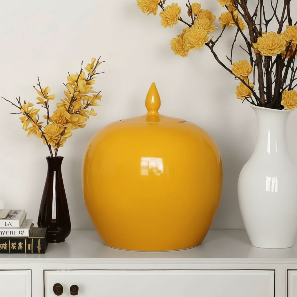 Yellow Glossy Ceramic Round Lidded Jar