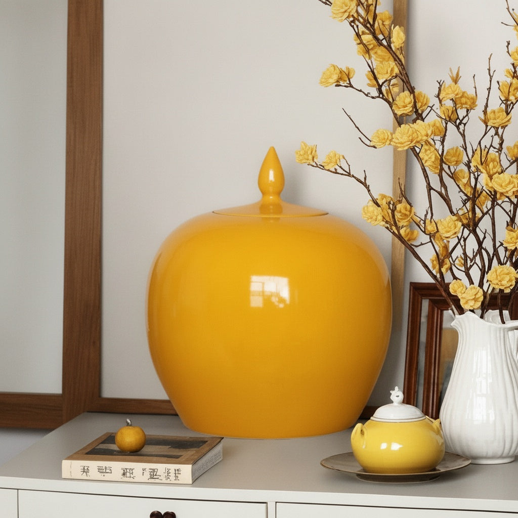 Yellow Glossy Ceramic Round Lidded Jar