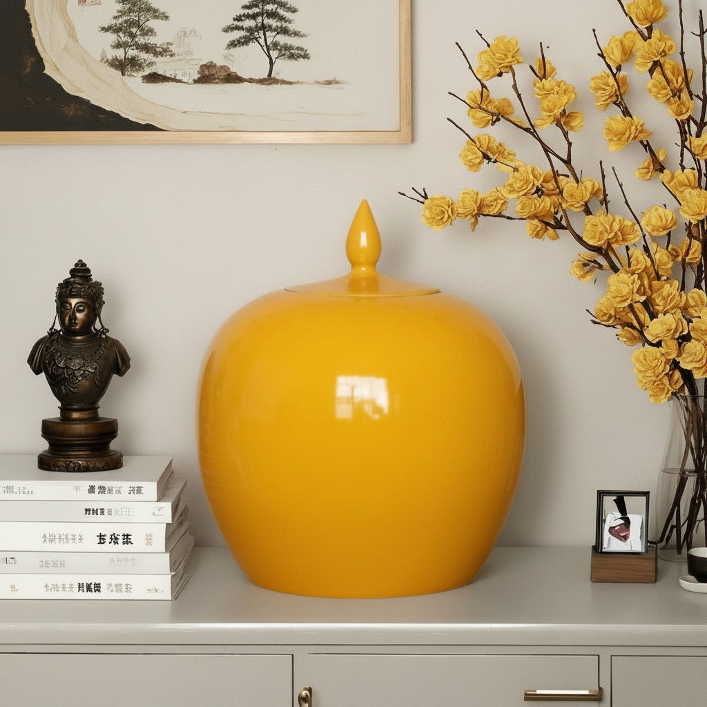 Yellow Glossy Ceramic Round Lidded Jar