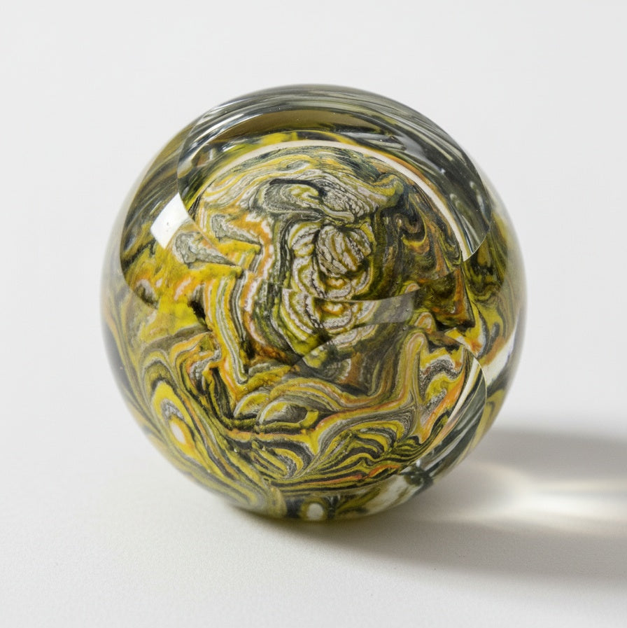 Close up detail of yellow and green glass swirls