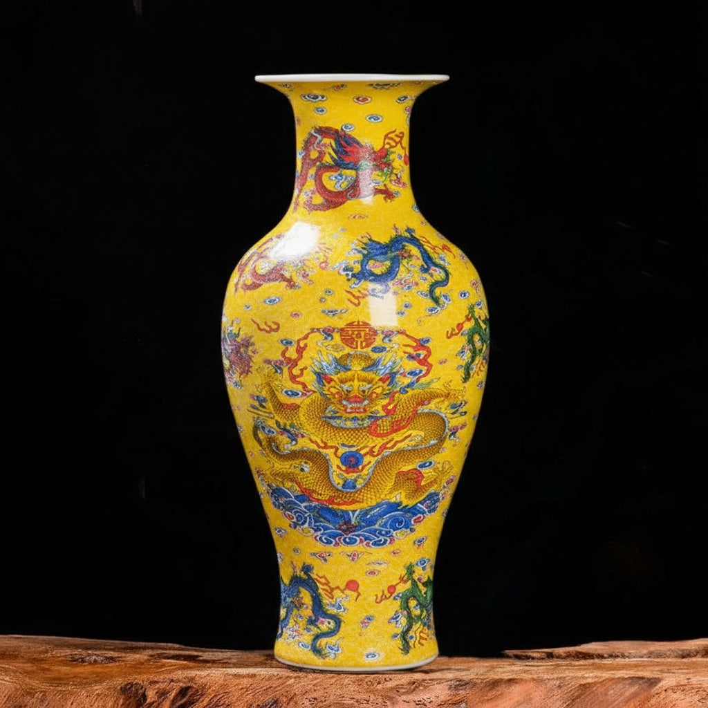 Front view of yellow porcelain vase with dragon motif