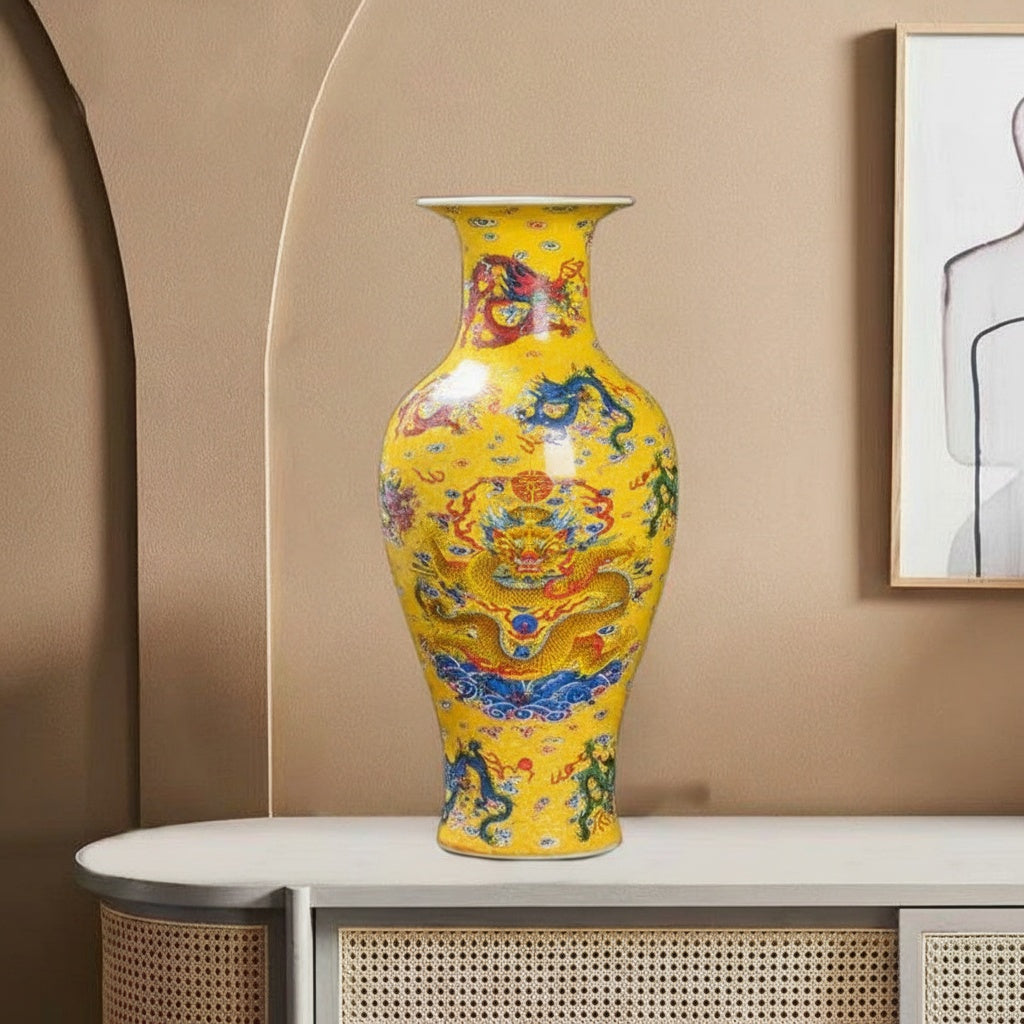 Yellow dragon vase styled on a sideboard in a luxury room setting