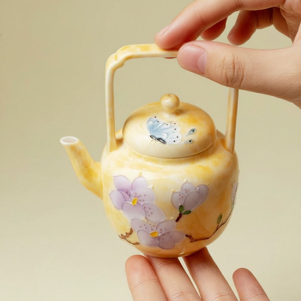 Yellow porcelain teapot with purple flowers