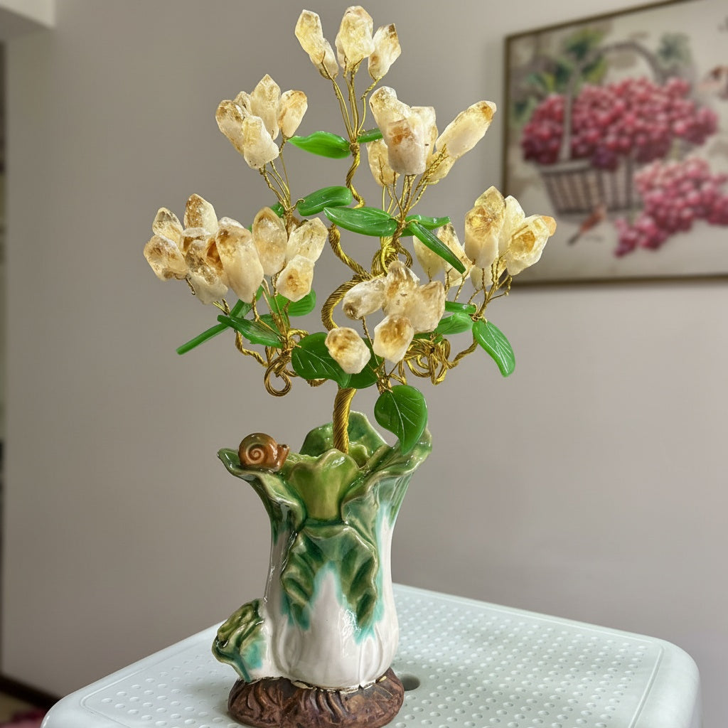 Yellow Quartz & Ceramic Botanical Sculpture