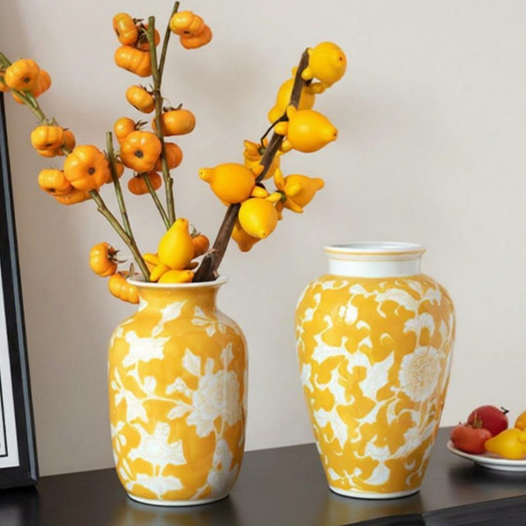 Yellow and white floral ceramic vases with fruit branches