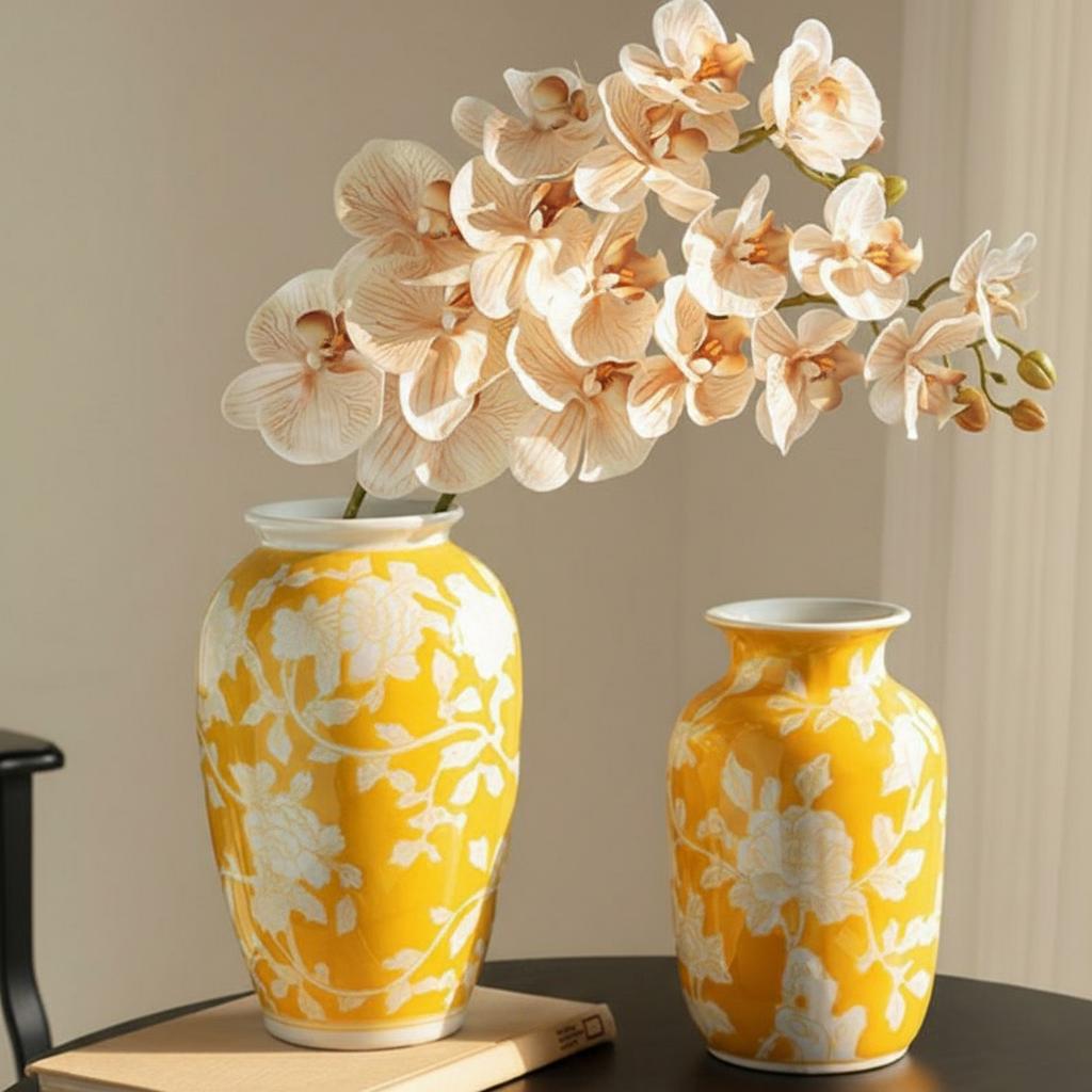 Two yellow floral ceramic vases styled with white orchids