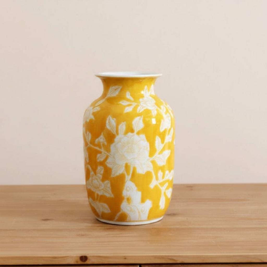 Medium yellow and white floral ceramic vase front view