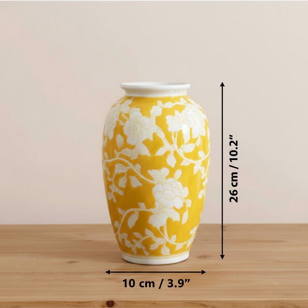 Large yellow and white floral ceramic vase front view